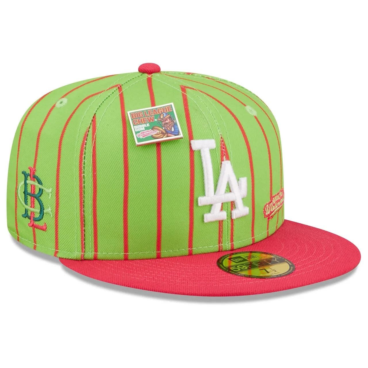 New Era X Big League Chew Men's Los Angeles Dodgers New Era Pink/Green MLB X Big League Chew Wild Pitch Watermelon Flavor Pack 59FIFTY Fitted Hat 3 New Era X Big League Chew Men's Los Angeles Dodgers New Era Pink/Green MLB X Big League Chew Wild Pitch Watermelon Flavor Pack 59FIFTY Fitted Hat