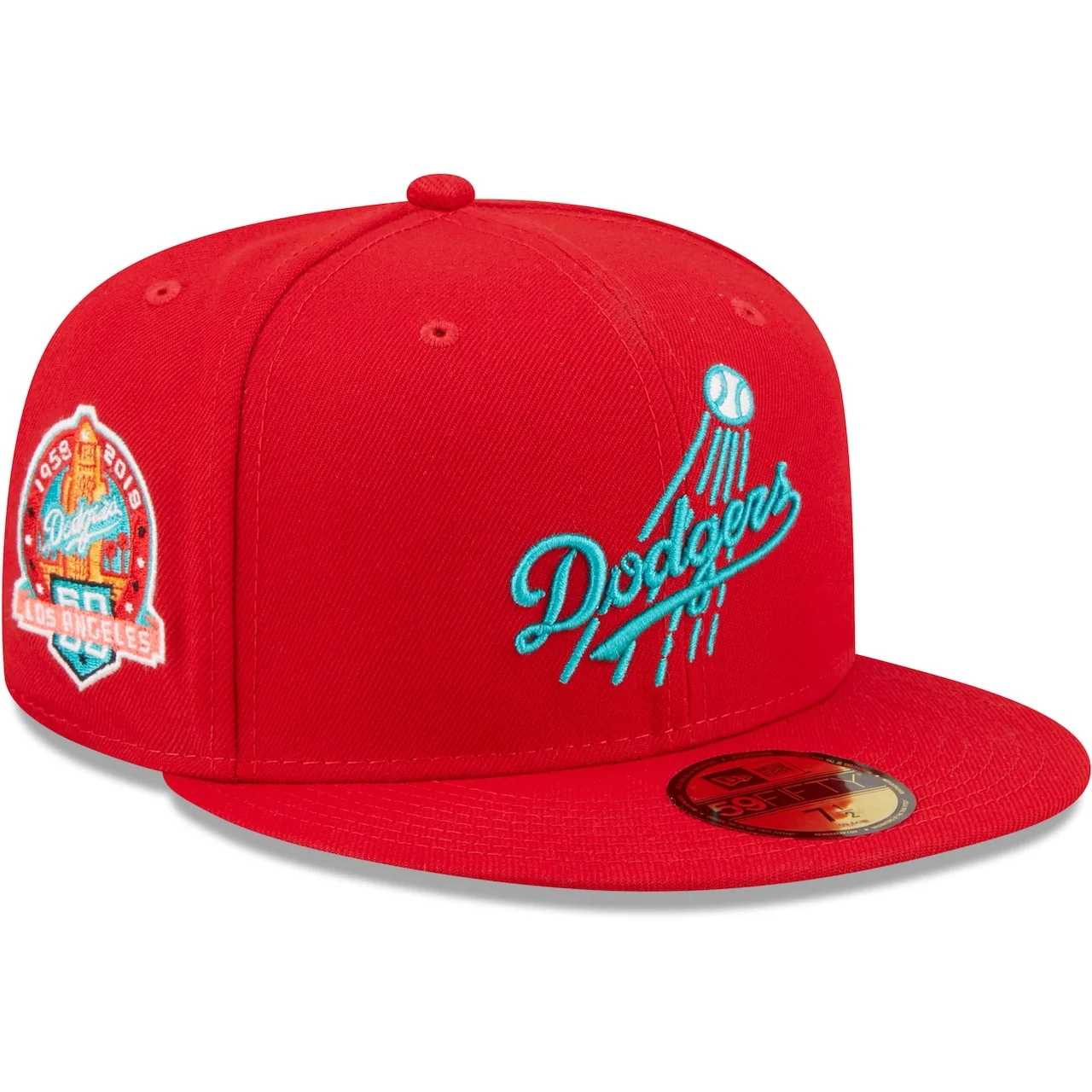 Men's Los Angeles Dodgers New Era Scarlet 60th Anniversary Teal Undervisor 59FIFTY Fitted Hat 3 Men's Los Angeles Dodgers New Era Scarlet 60th Anniversary Teal Undervisor 59FIFTY Fitted Hat