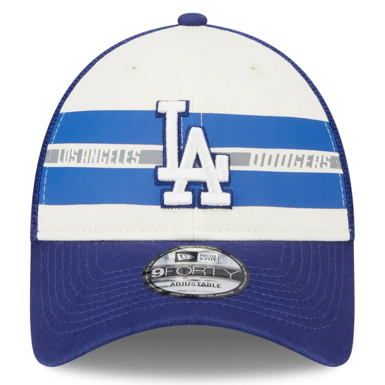 Men's Los Angeles Dodgers New Era White/Royal Team Stripe Trucker 9FORTY Snapback Hat 4 Men's Los Angeles Dodgers New Era White/Royal Team Stripe Trucker 9FORTY Snapback Hat - Image 2