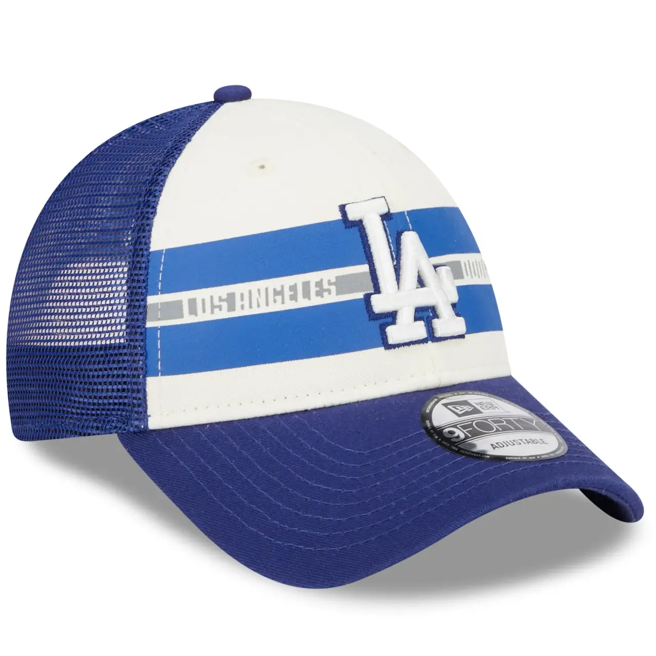Men's Los Angeles Dodgers New Era White/Royal Team Stripe Trucker 9FORTY Snapback Hat 5 Men's Los Angeles Dodgers New Era White/Royal Team Stripe Trucker 9FORTY Snapback Hat - Image 3