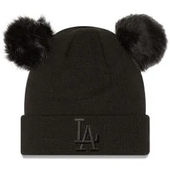 Women's Los Angeles Dodgers New Era Black Space Bun Cuffed Knit Hat With Double Pom