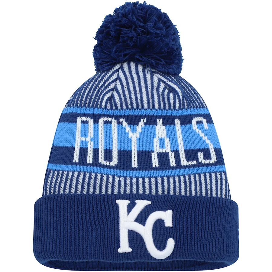 Youth Kansas City Royals New Era Royal Striped Cuffed Knit Hat With Pom 3 Youth Kansas City Royals New Era Royal Striped Cuffed Knit Hat With Pom